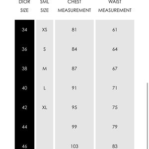 Dior clothing measurements